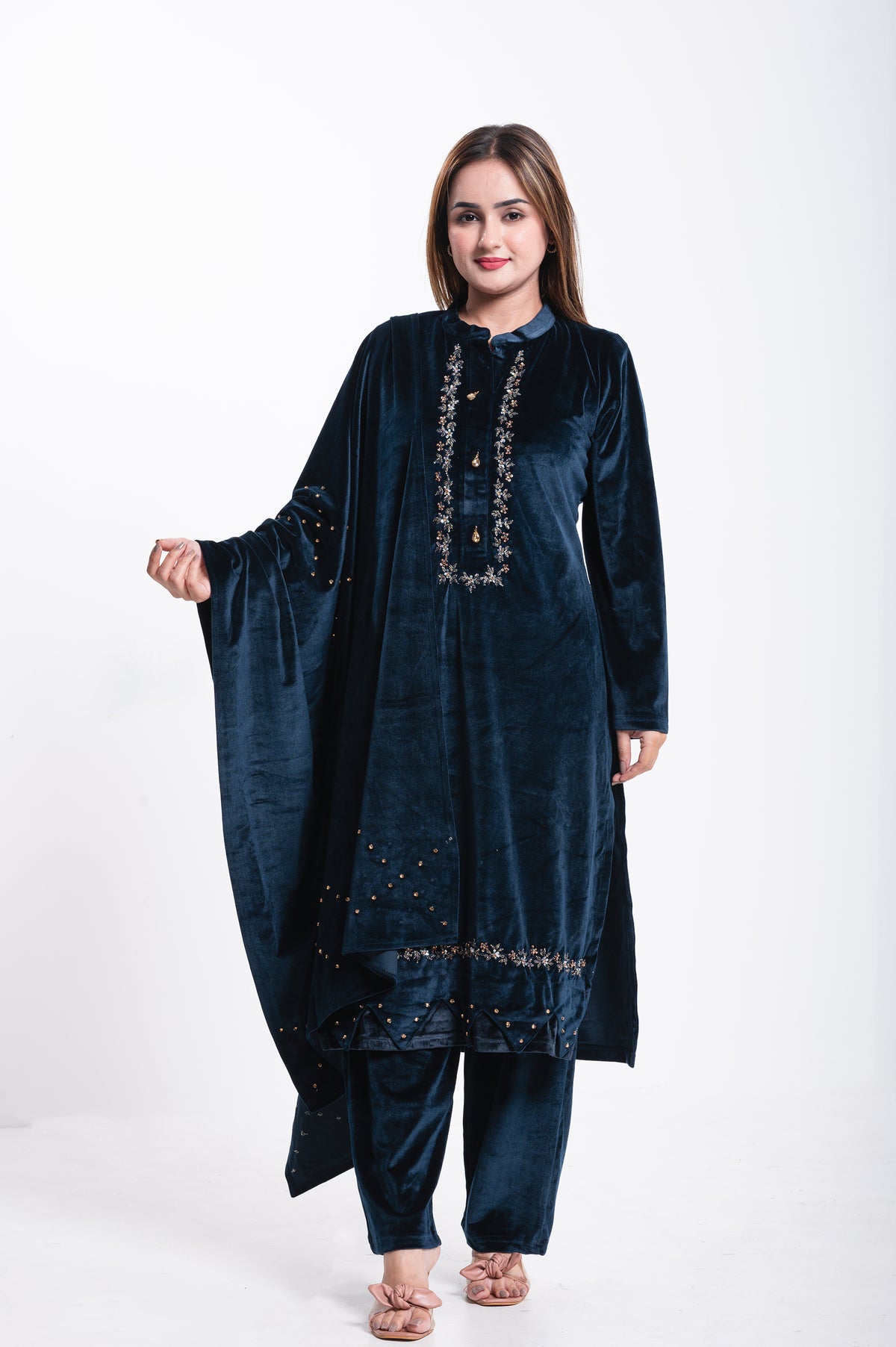 Midnight Blue Velvet Embroidered Suit Set