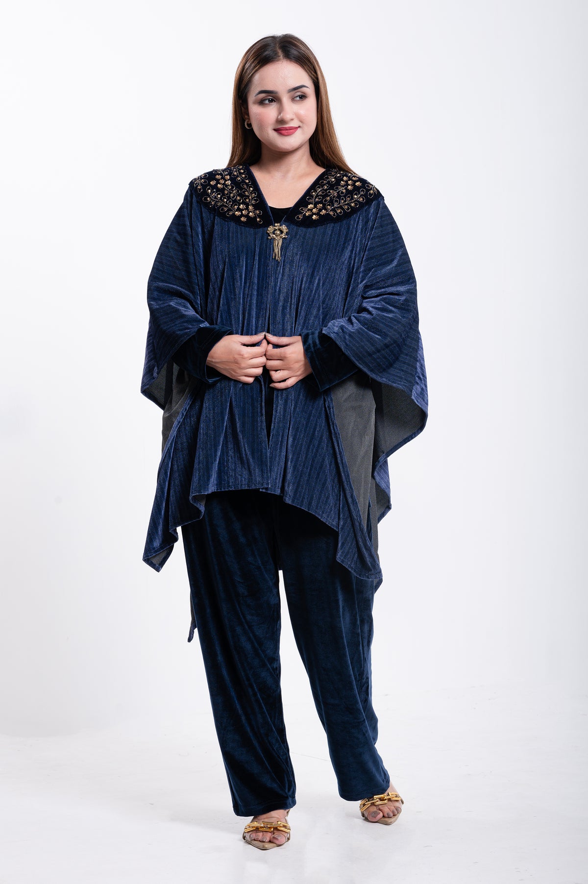 Velvet Elegance Navy Blue Kaftan Set