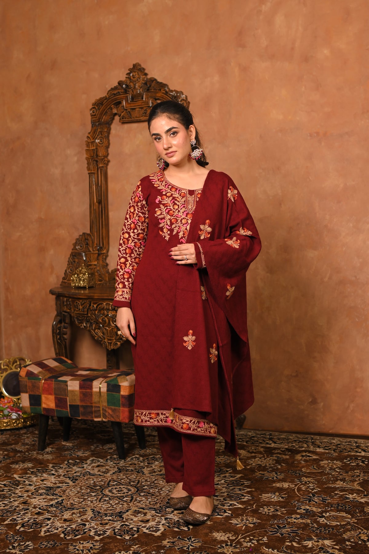 MAROON KASHMIRI EMBROIDERED KURTA SET