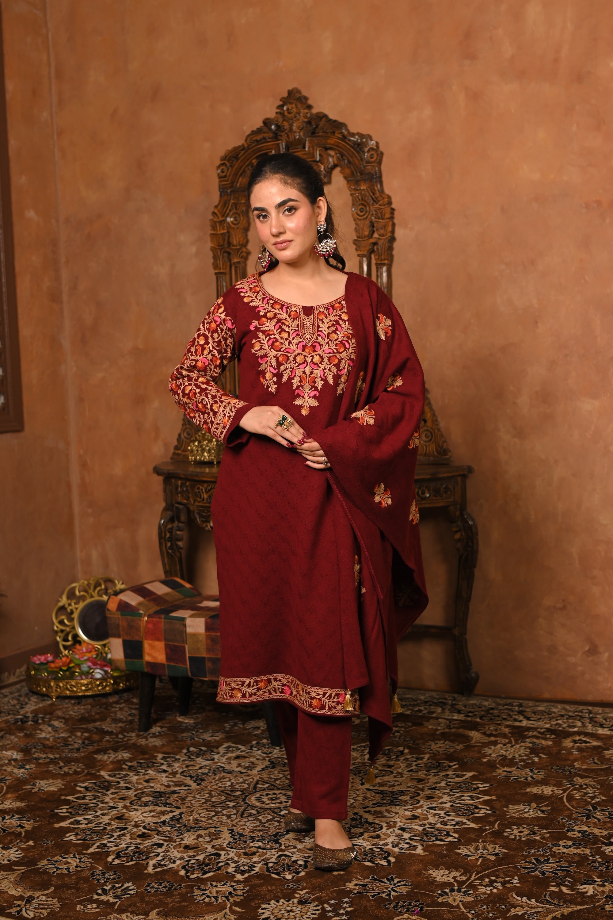 MAROON KASHMIRI EMBROIDERED KURTA SET
