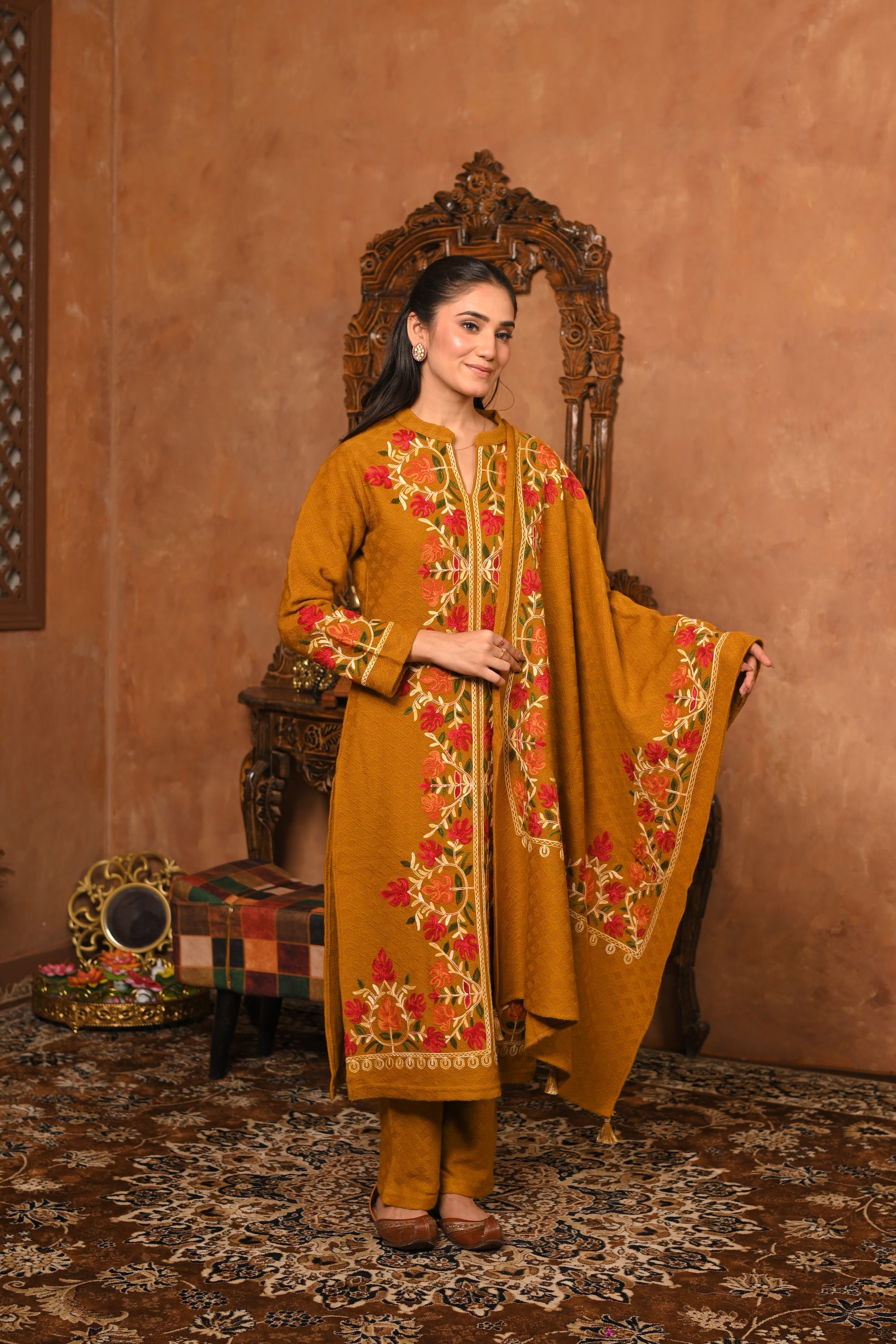 MUSTARD KASHMIRI EMBROIDERY KURTA SET