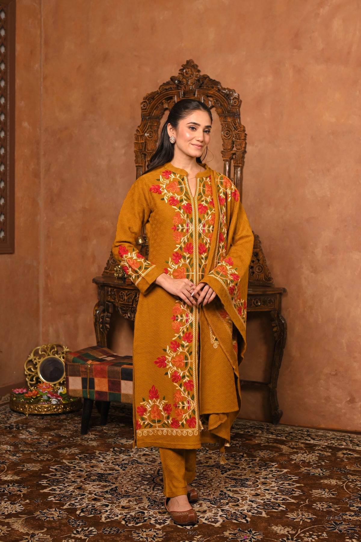 MUSTARD KASHMIRI EMBROIDERY KURTA SET